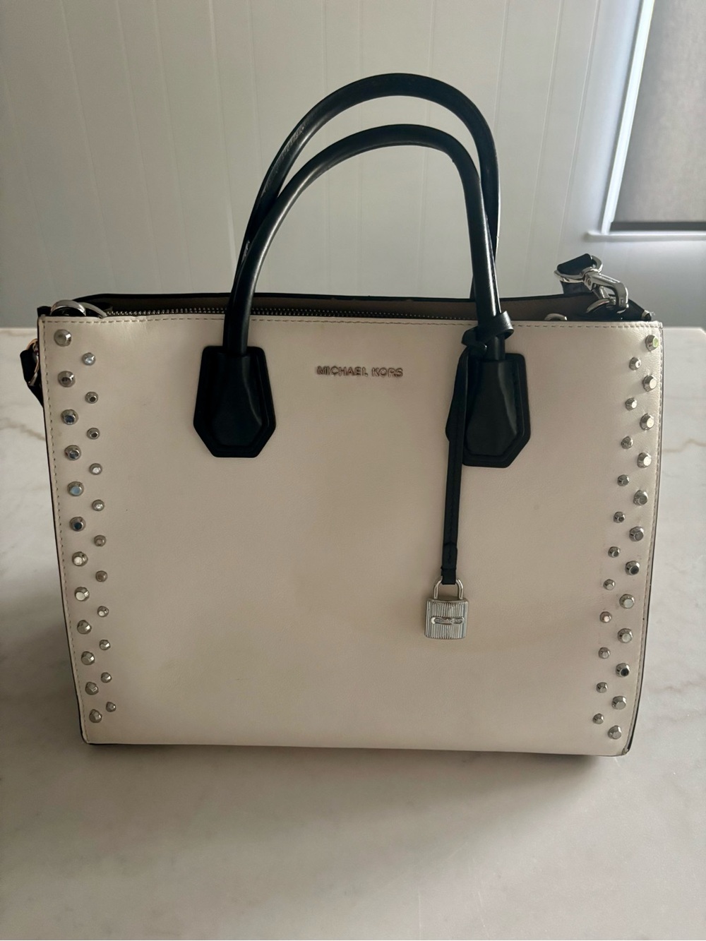 Michael Kors Mercer Studded White Black Leather Tote